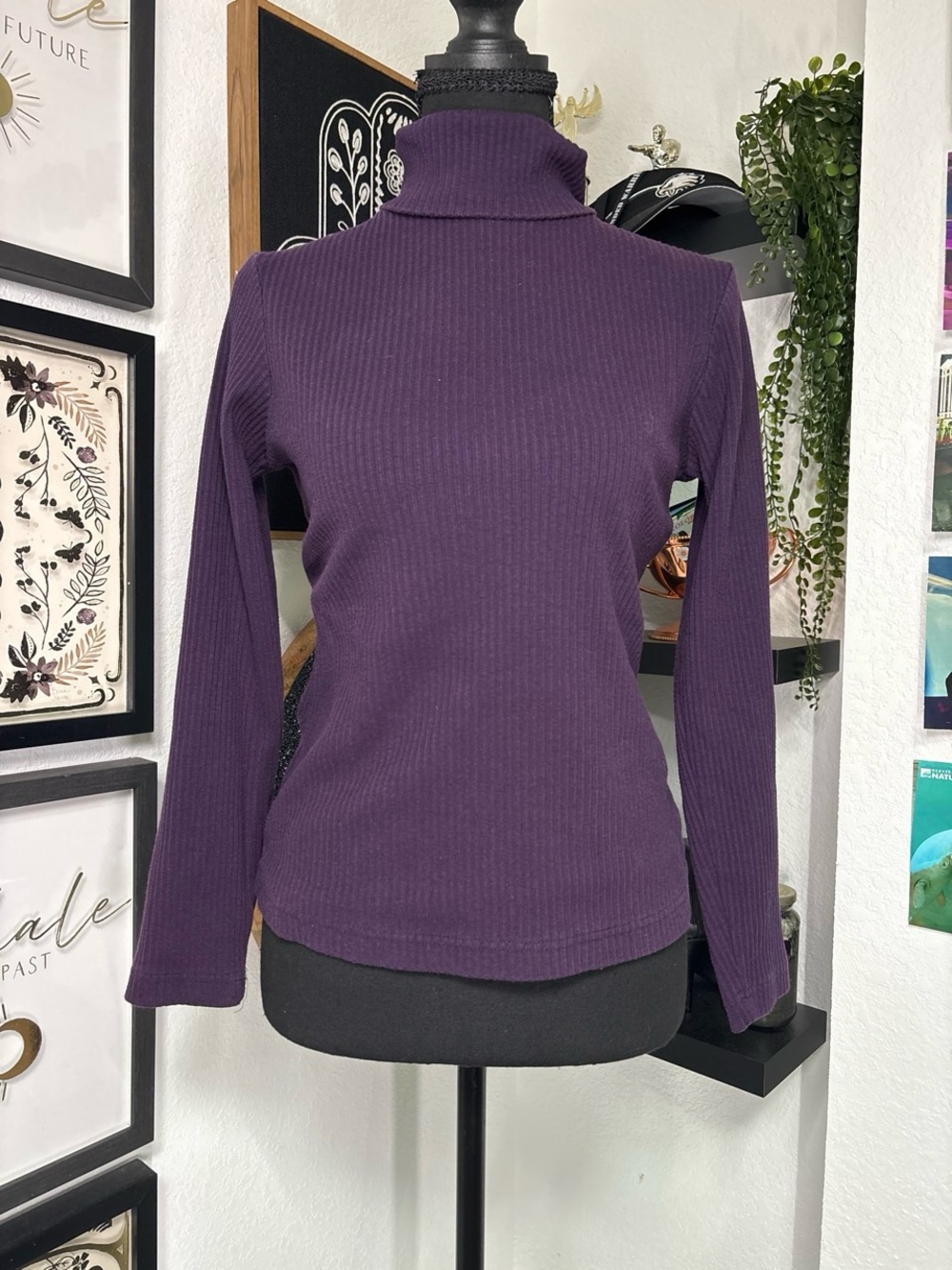 Vintage 90s Express Tricot Purple Ribbed Turtleneck Sweater Top Size S Taiwan